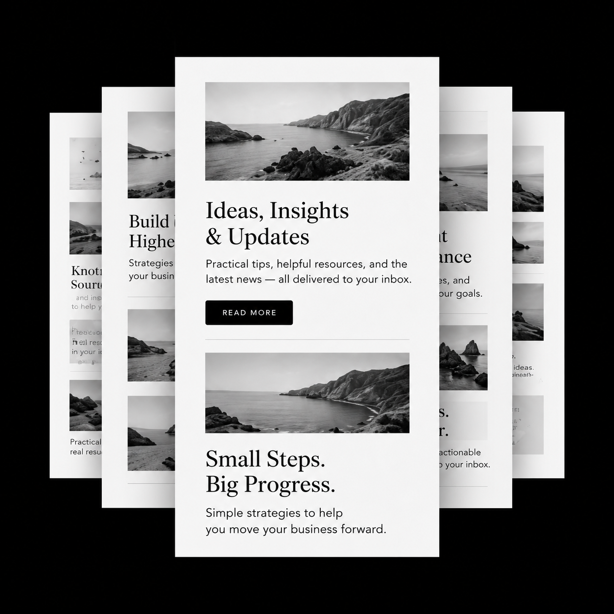 Monochrome email newsletter designs with coastal photography