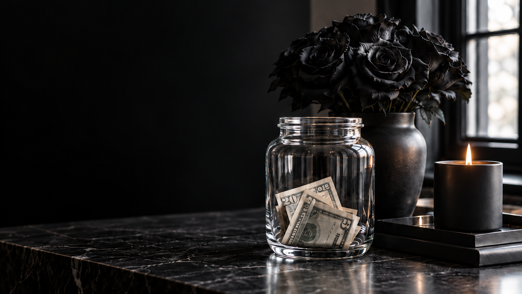 Glass tip jar beside black roses and a plain black candle
