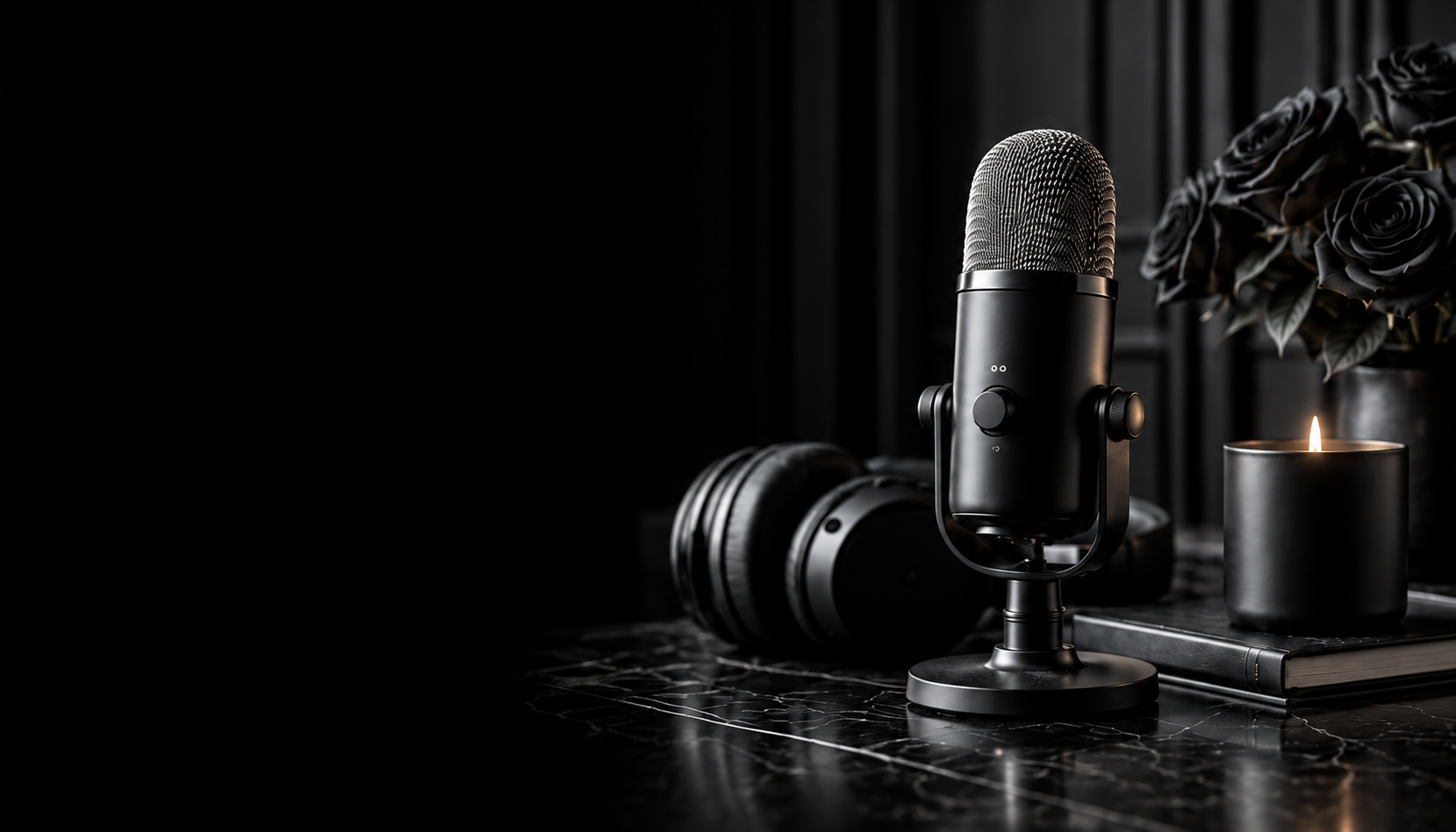 Black microphone, black roses, and a lit plain black candle