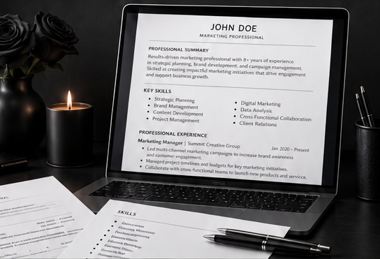 John Doe resume on a laptop beside black roses and a plain black candle