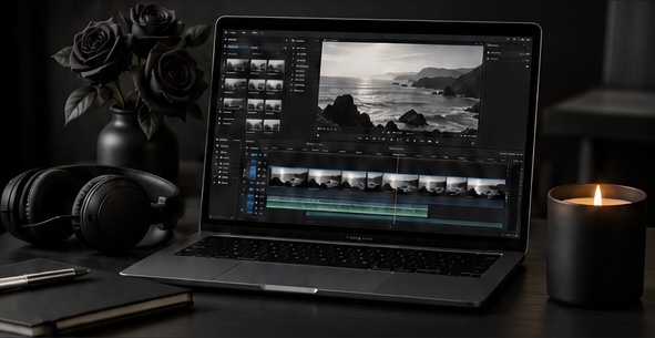 Video editing workstation with black roses and a plain black candle